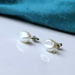Titanium Baroque Pearl Earrings - White 7mm Keshi Real Pearl Studs.