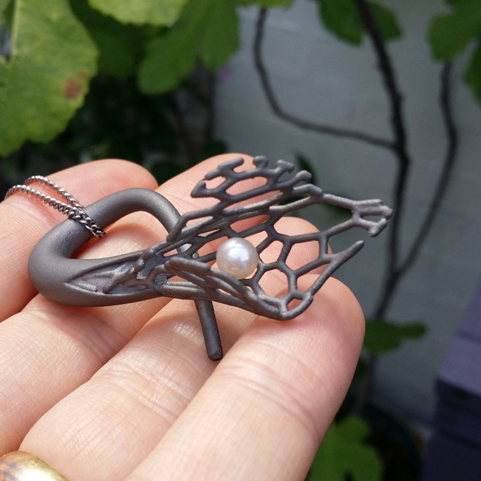 3D Printed Titanium Calla Lily, Pearl Pendant on Titanium Chain