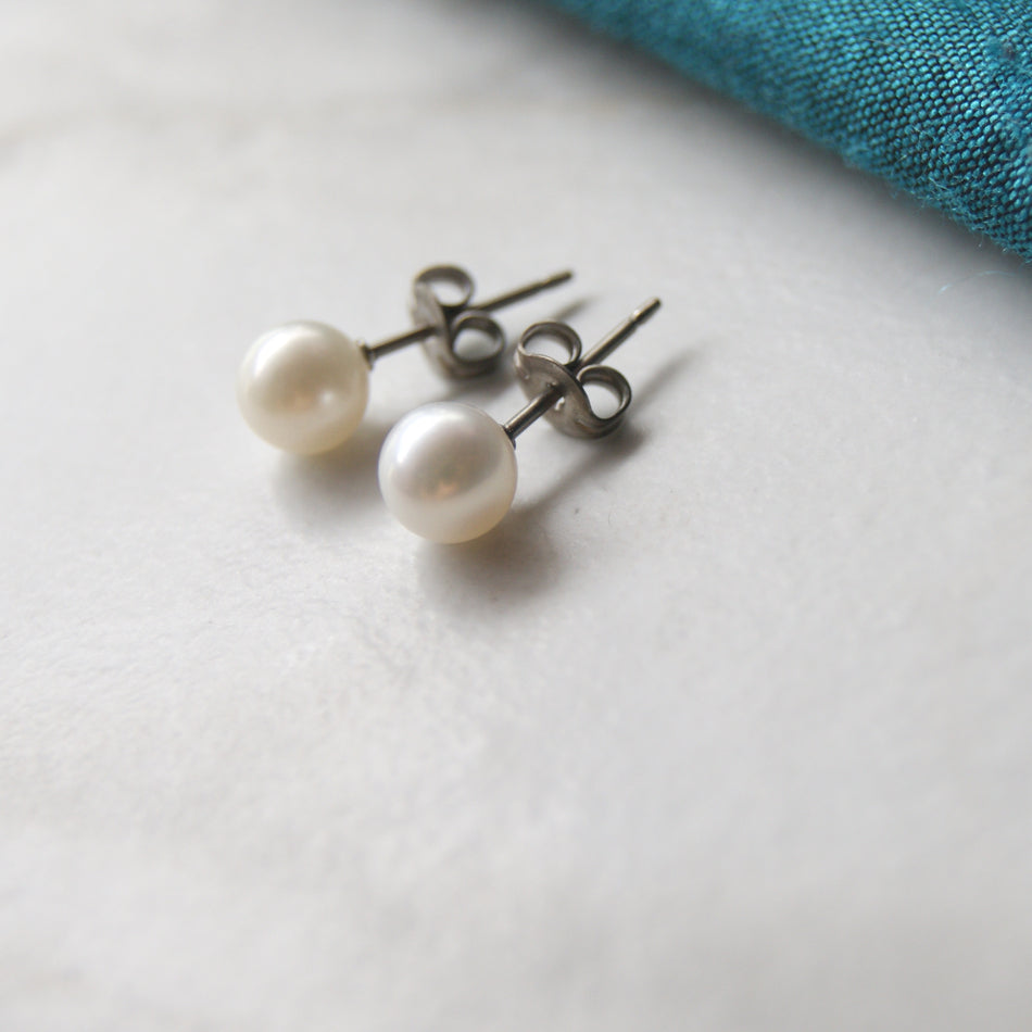 Large white pearl titanium earring Pearl titanium earrings. allergy free pearl titanium stud earrings
