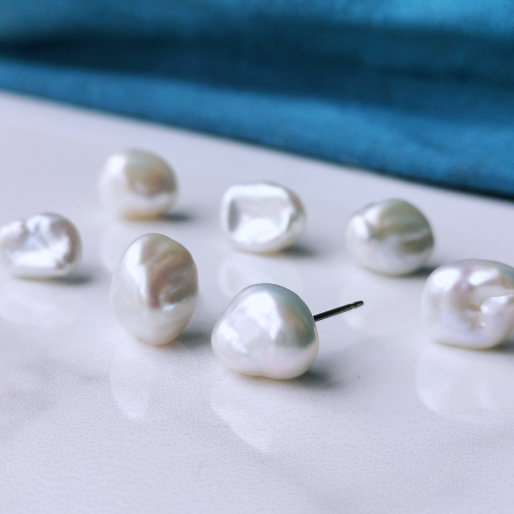 Baroque Pearl Earrings - White Keshi Earrings on Skin Safe Titanium - 10mm