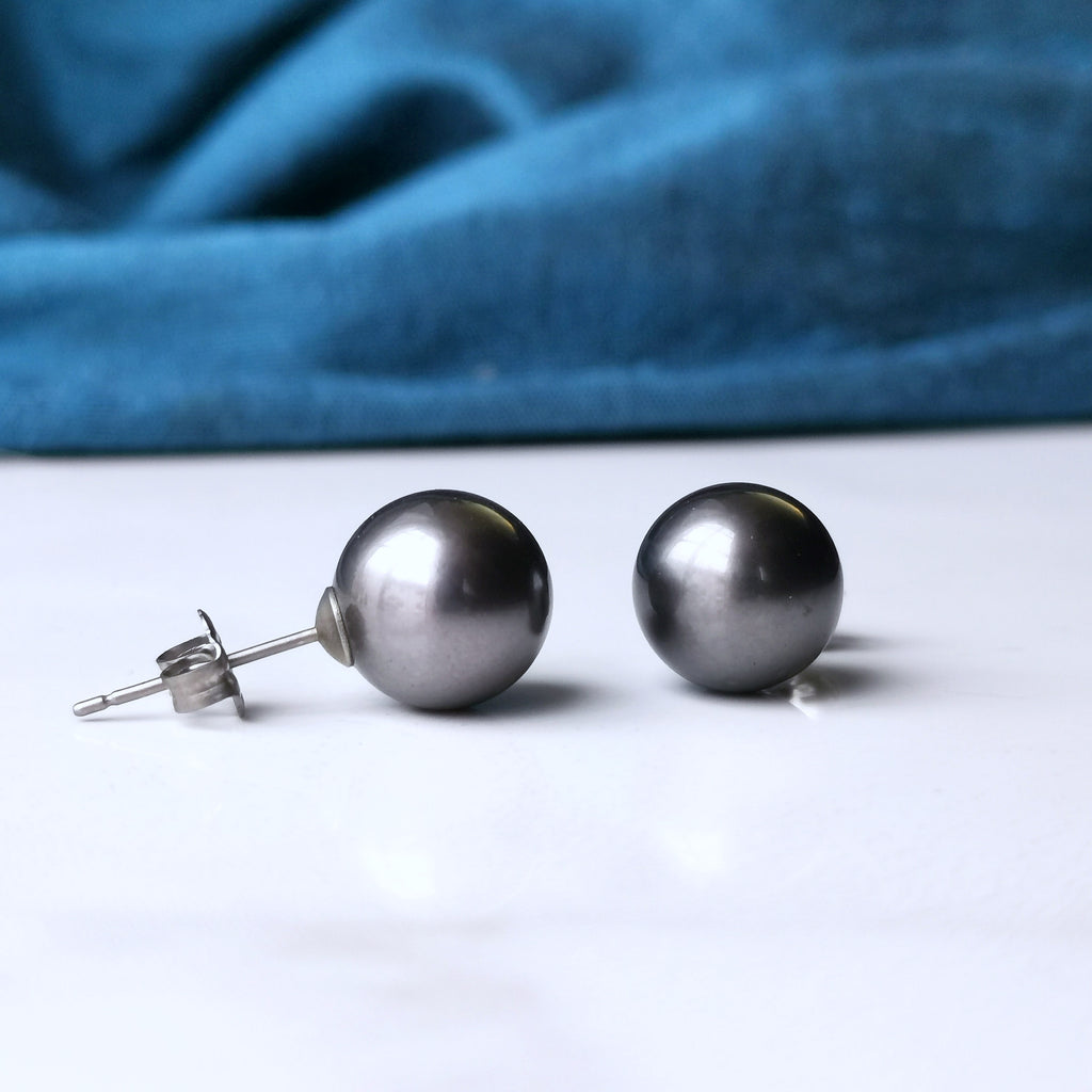 Large Pearl Earrings - Tahitian Black Pearls and Nickel Free Titanium - 10mm
