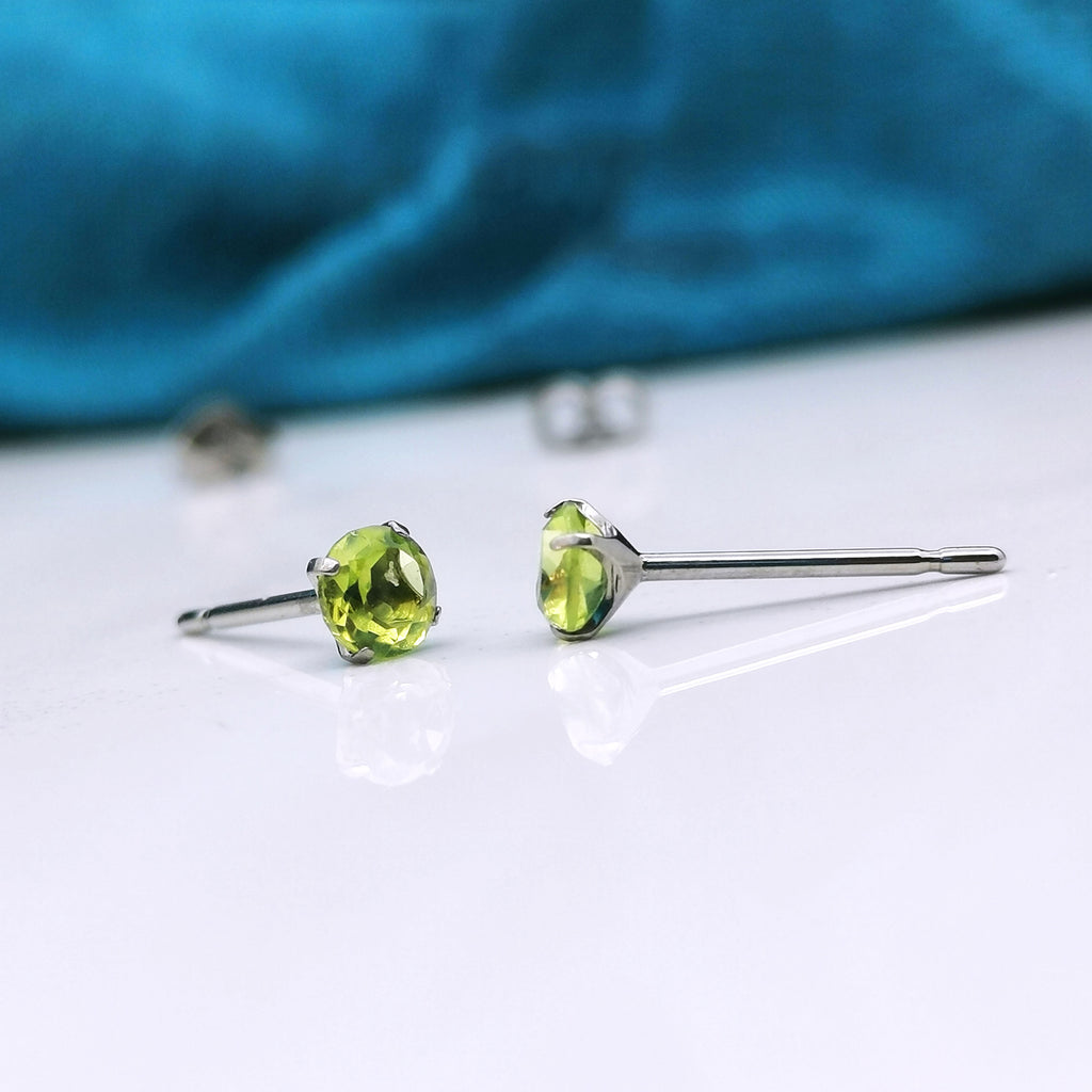 Peridot earrings, hypoallergenic titanium studs 4mm