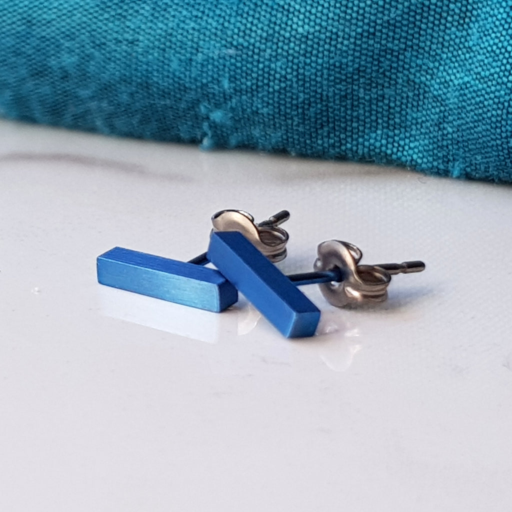 Titanium Bar Stud Earrings Blue