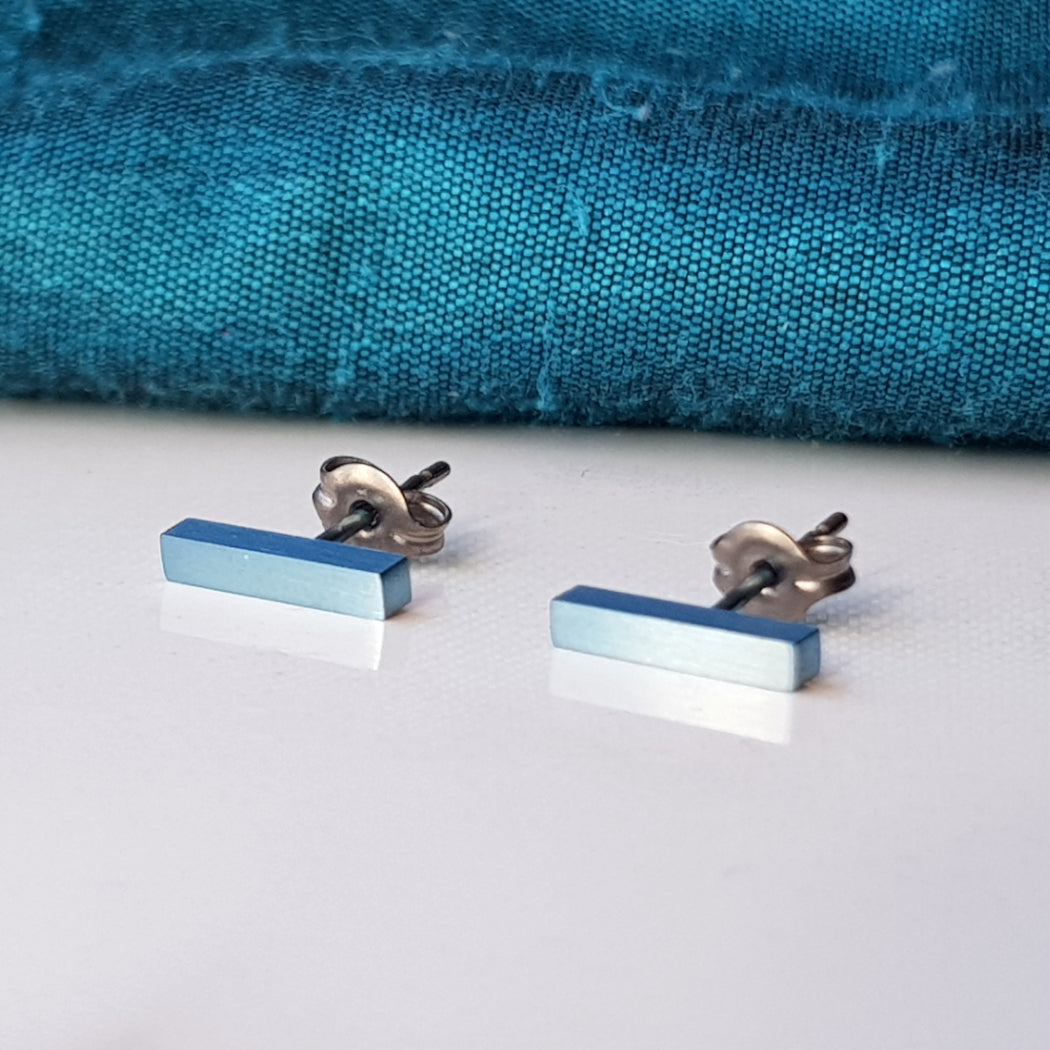 Titanium Bar Stud Earrings Light Blue