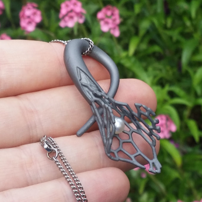 3D Printed Titanium Calla Lily, Pearl Pendant on Titanium Chain