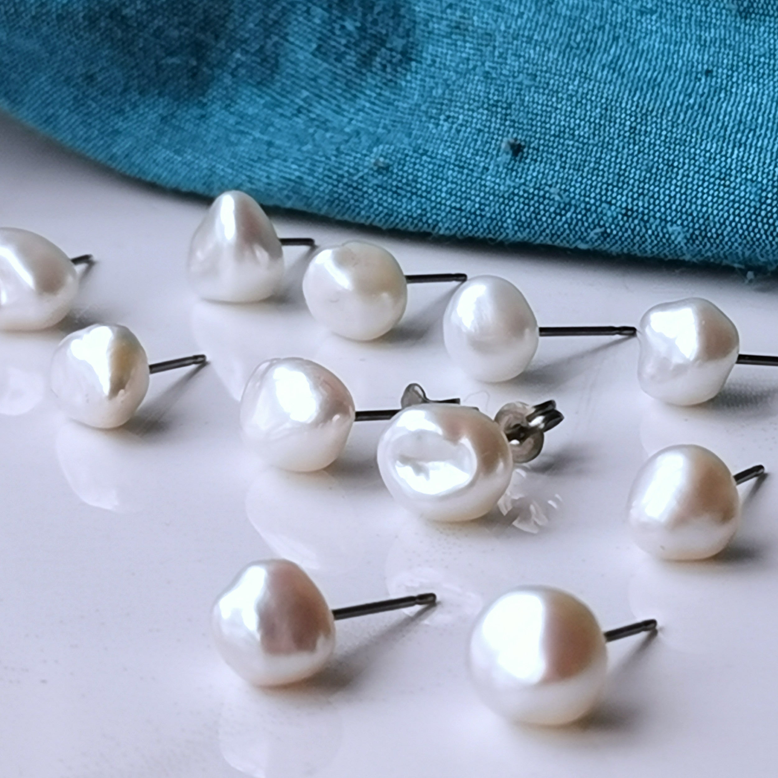 Titanium Baroque Pearl Earrings - White 7mm Keshi Real Pearl Studs.