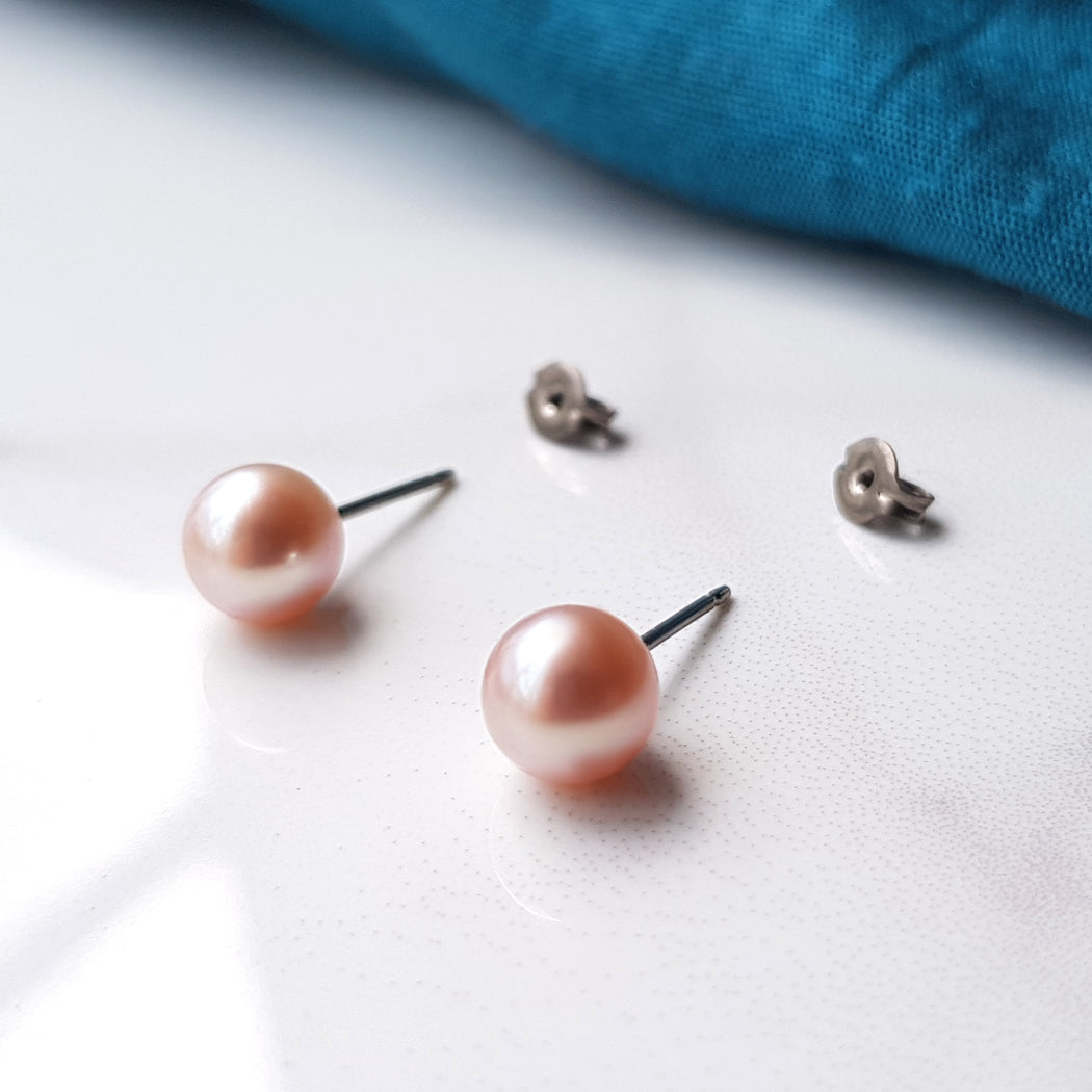 Freshwater Pearl Earrings - Pink Pearl Studs On Nickel Free Titanium