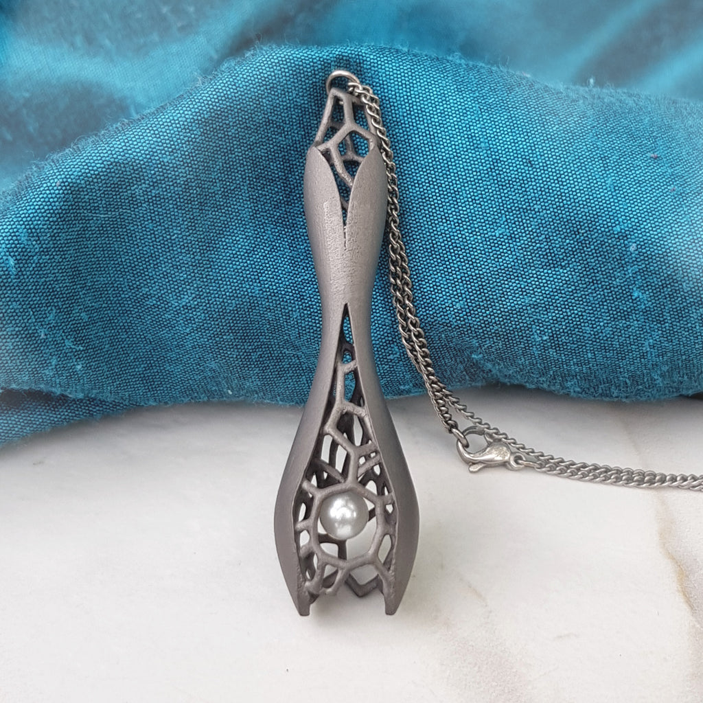 Titanium Seed Pod, 3D Printed Pearl Pendant and Chain