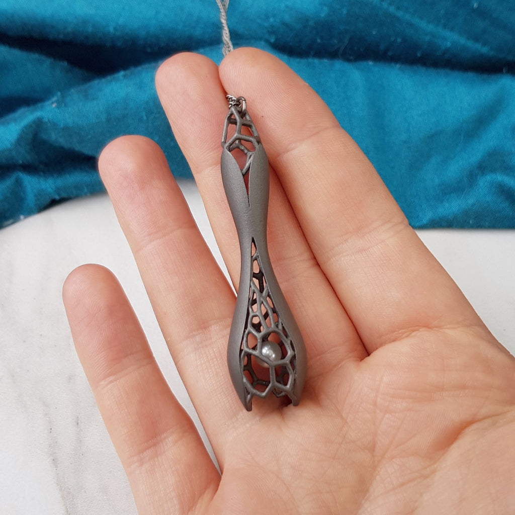 Titanium Seed Pod, 3D Printed Pearl Pendant and Chain