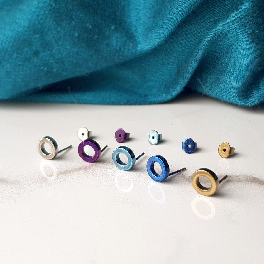 titanium stud earrings with titanium backings. Anodised titanium colours