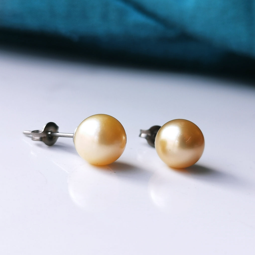 Golden South Sea Pearls - Gold Pearl Earrings and Hypoallergenic Titanium