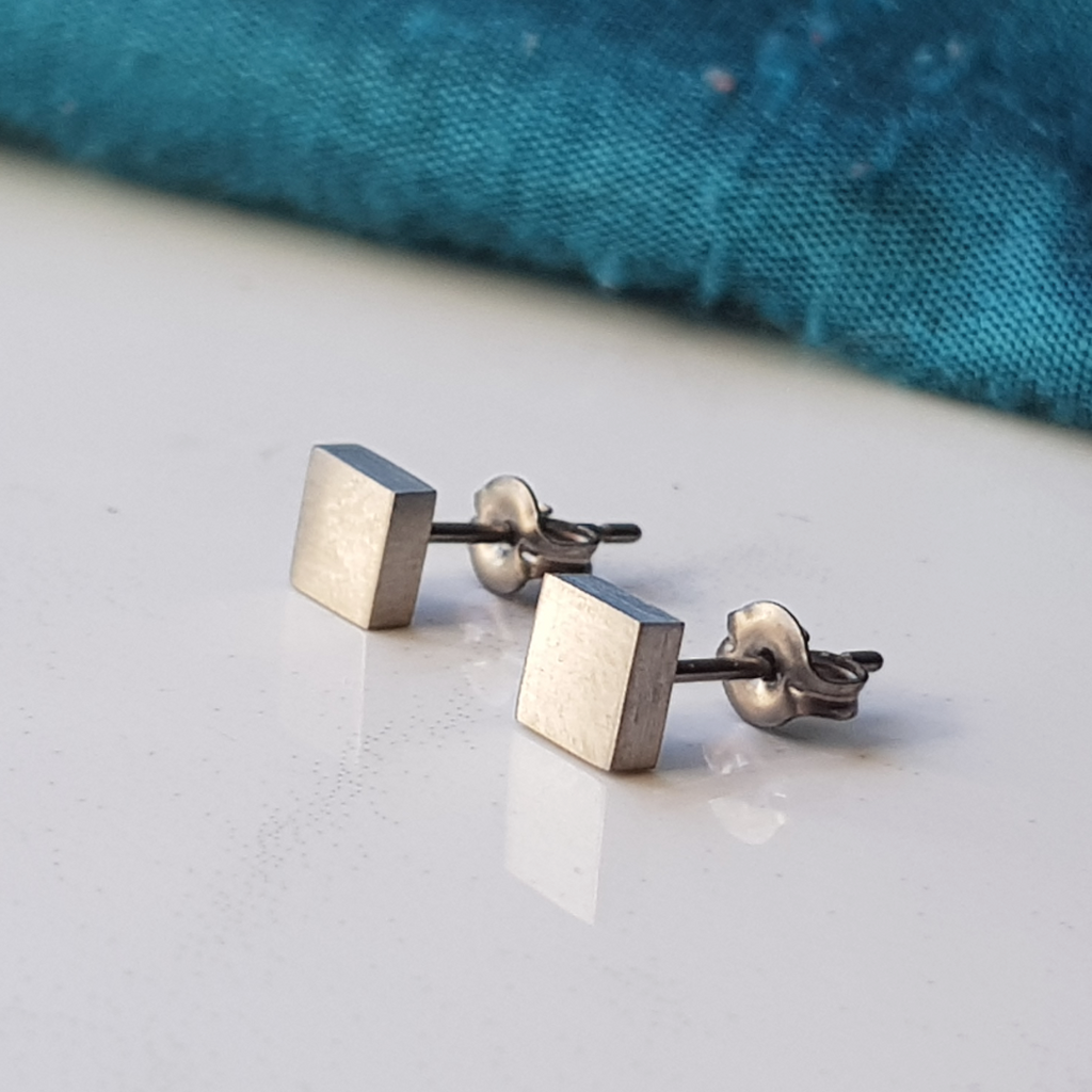 geometric square titanium stud earrings silver