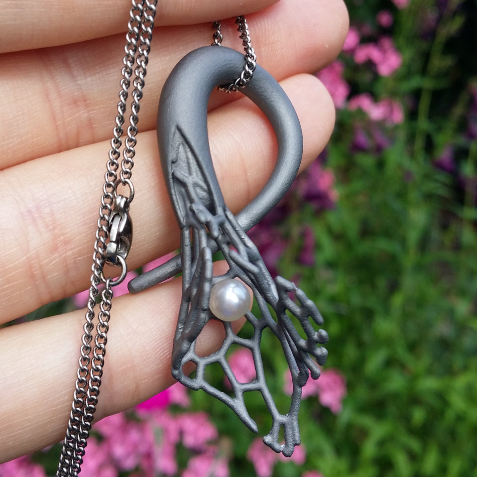 3D Printed Titanium Calla Lily, Pearl Pendant on Titanium Chain