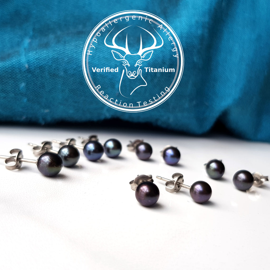 Pearl Stud Earrings - Black Pearl Akoya Earrings on Nickel Free Titanium