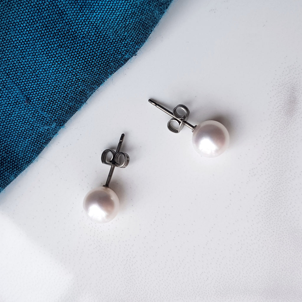Pearl Stud Earrings - White Akoya Pearl Earrings and Hypoallergenic Titanium