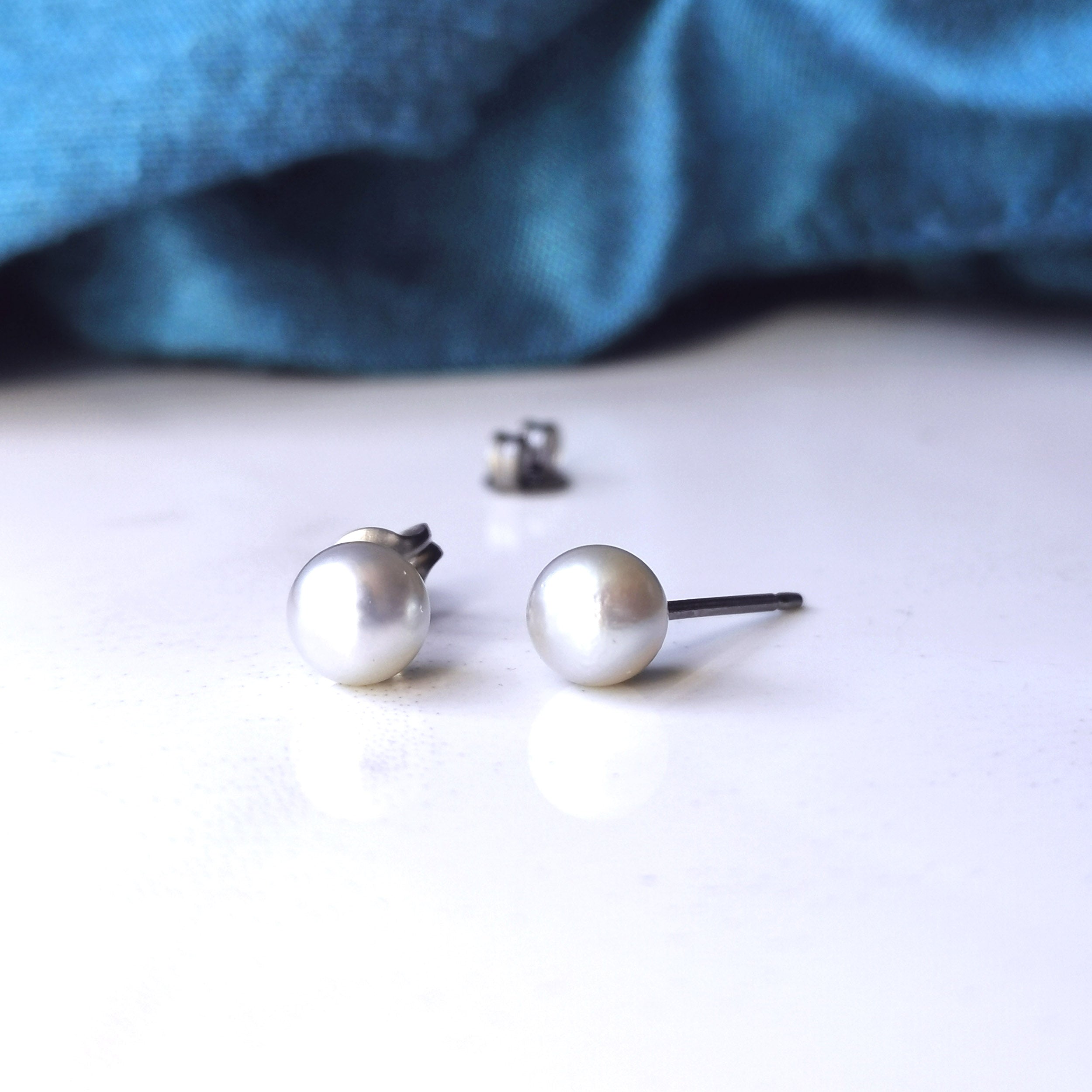 Pearl Stud Earrings - Grey Akoya Pearls and Skin Safe Titanium