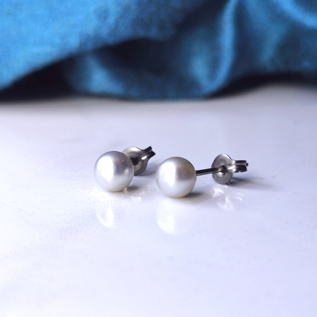 Pearl Stud Earrings - Grey Akoya Pearls and Skin Safe Titanium