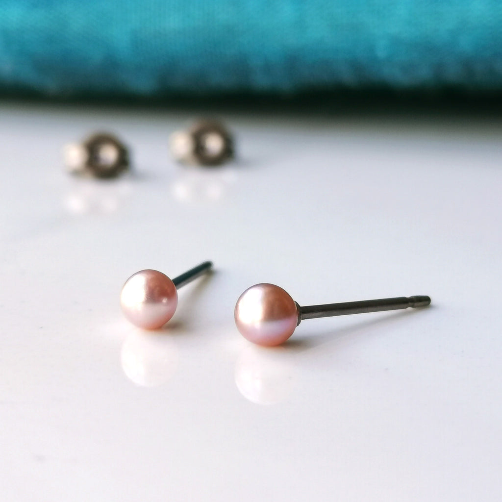 Freshwater Pearl Earrings - Pink Pearl Studs On Nickel Free Titanium
